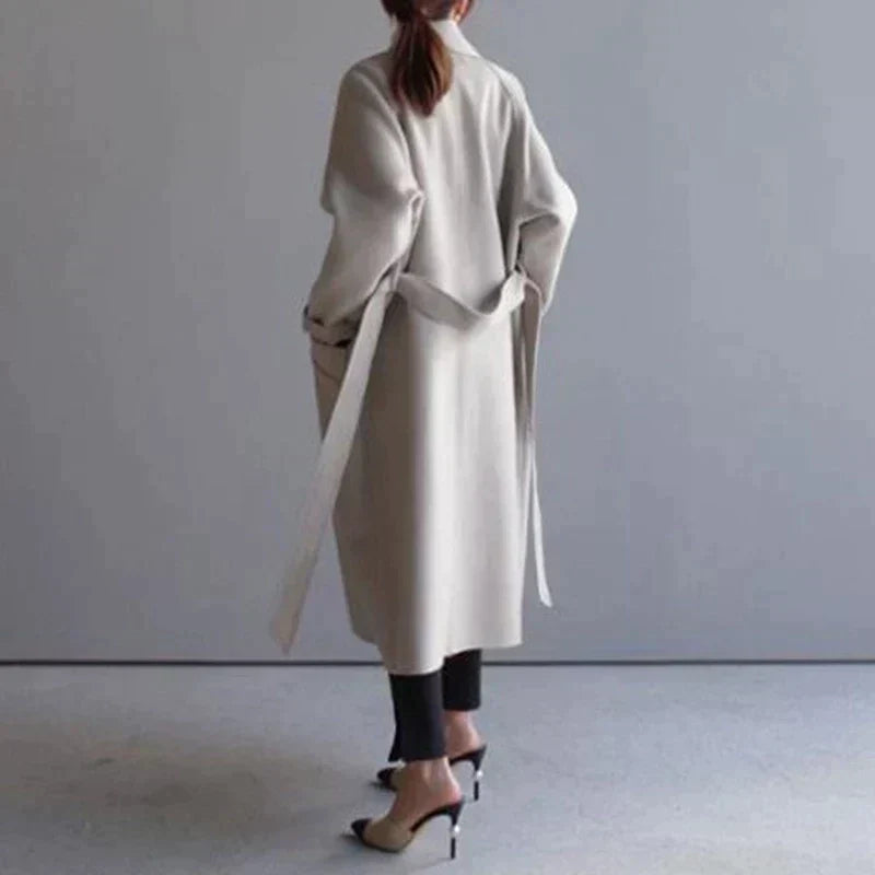 Eleganter langer Wollmantel für Damen mit Gürtel – Klassischer Übergangsmantel für den Frühling
