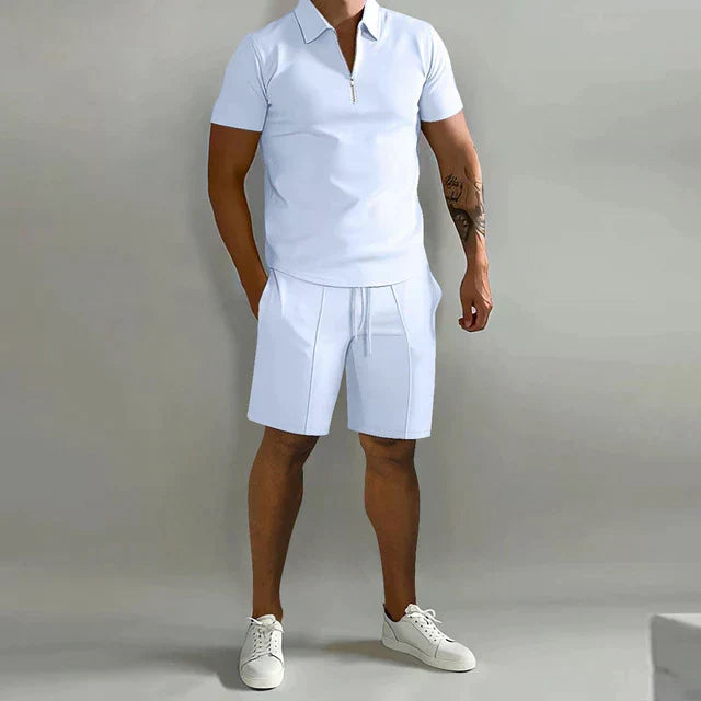 Men's Short Sleeve Cotton Blend Polo Shirt with Trendy Zip Collar