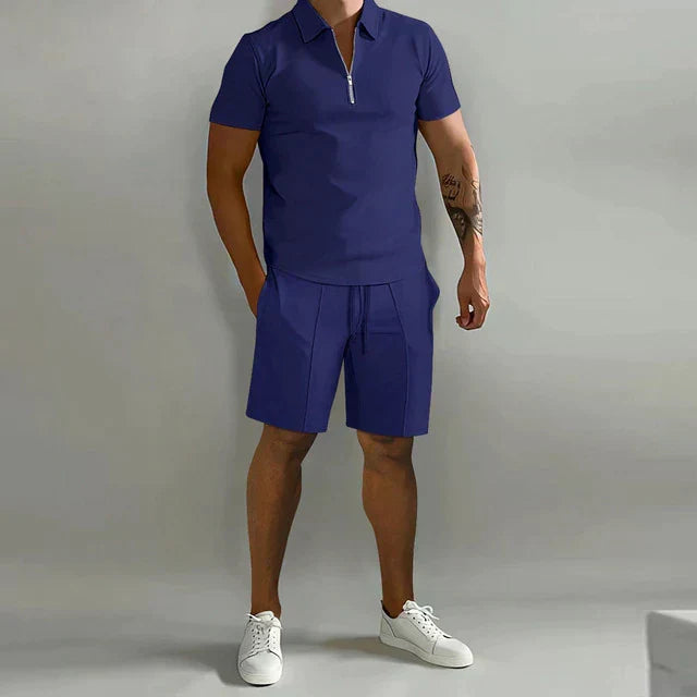 Men's Short Sleeve Cotton Blend Polo Shirt with Trendy Zip Collar
