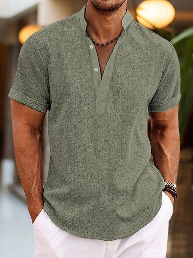 Herren Kurzarm-Leinenhemd mit Henley-Kragen – ideal für den Sommer