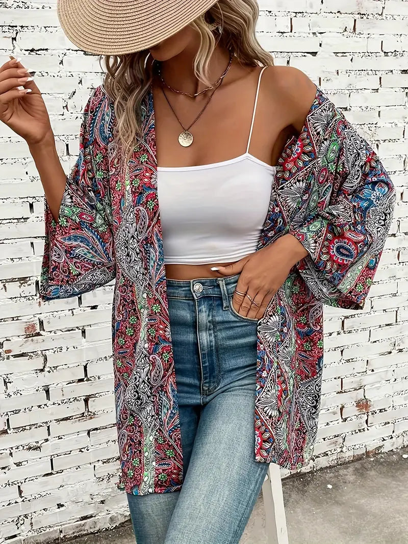 Leichter Damen Baumwoll-Kimono für den Sommer – Boho-Überwurfjacke mit langen Ärmeln