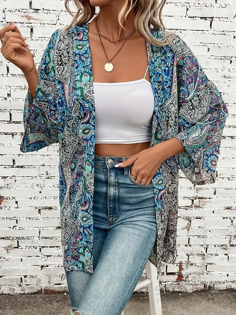 Leichter Damen Baumwoll-Kimono für den Sommer – Boho-Überwurfjacke mit langen Ärmeln