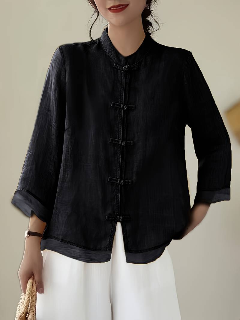 Damen Leinenbluse mit Mao-Kragen und Knopfdetails