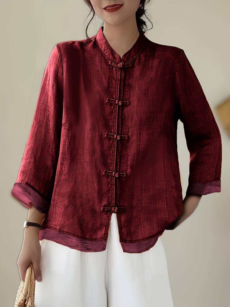 Damen Leinenbluse mit Mao-Kragen und Knopfdetails