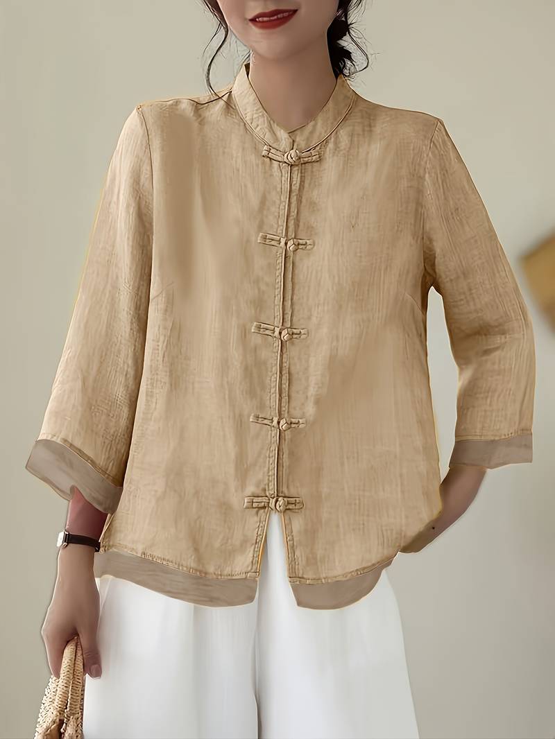Damen Leinenbluse mit Mao-Kragen und Knopfdetails