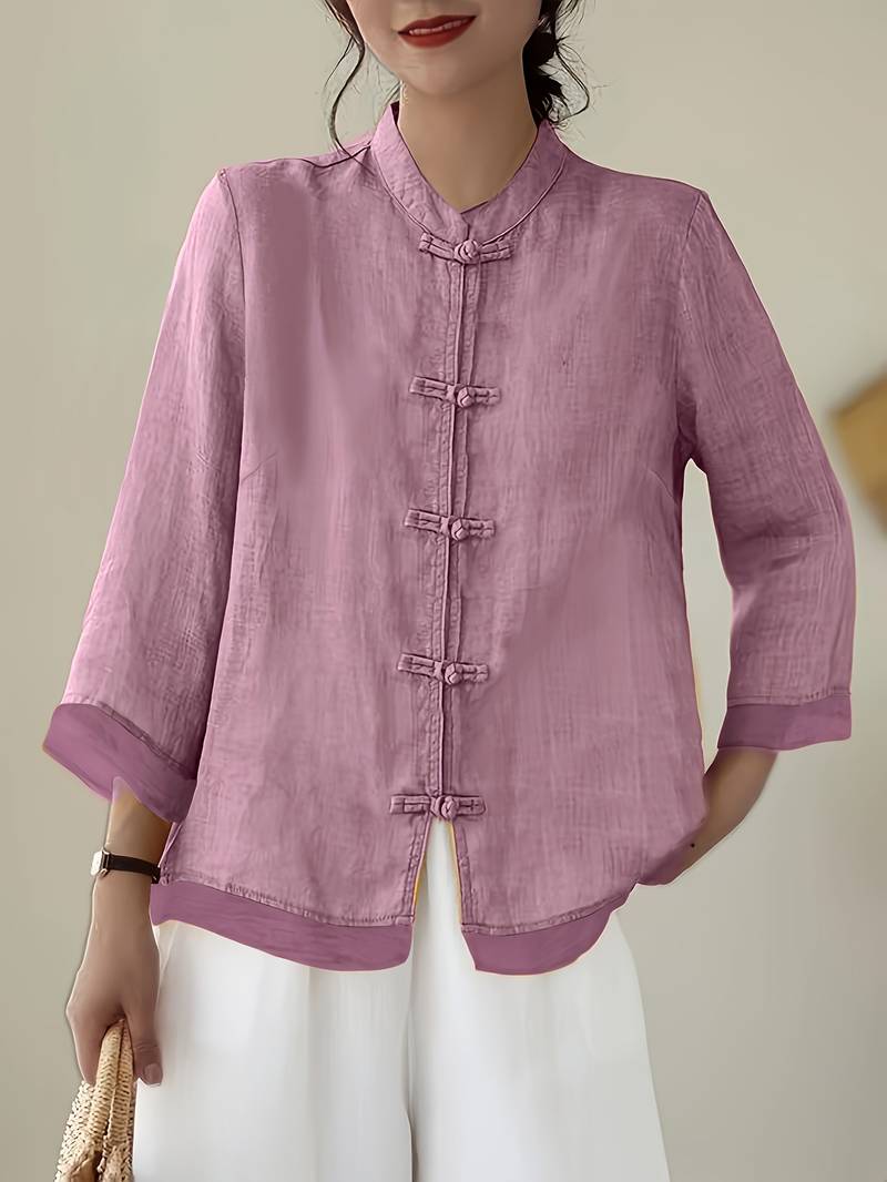 Damen Leinenbluse mit Mao-Kragen und Knopfdetails