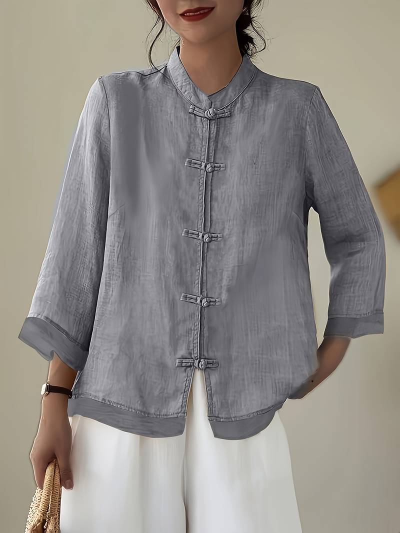 Damen Leinenbluse mit Mao-Kragen und Knopfdetails