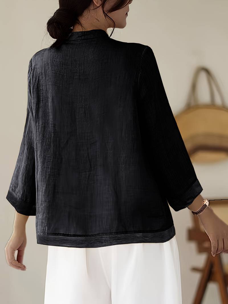 Damen Leinenbluse mit Mao-Kragen und Knopfdetails