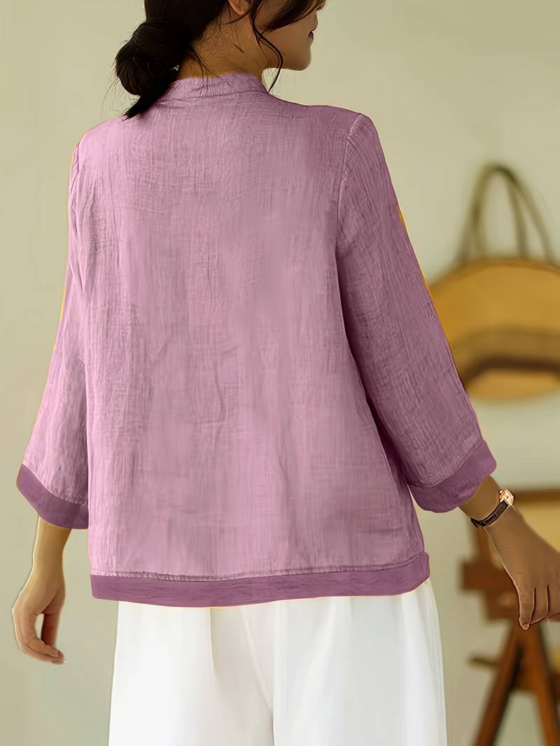 Damen Leinenbluse mit Mao-Kragen und Knopfdetails