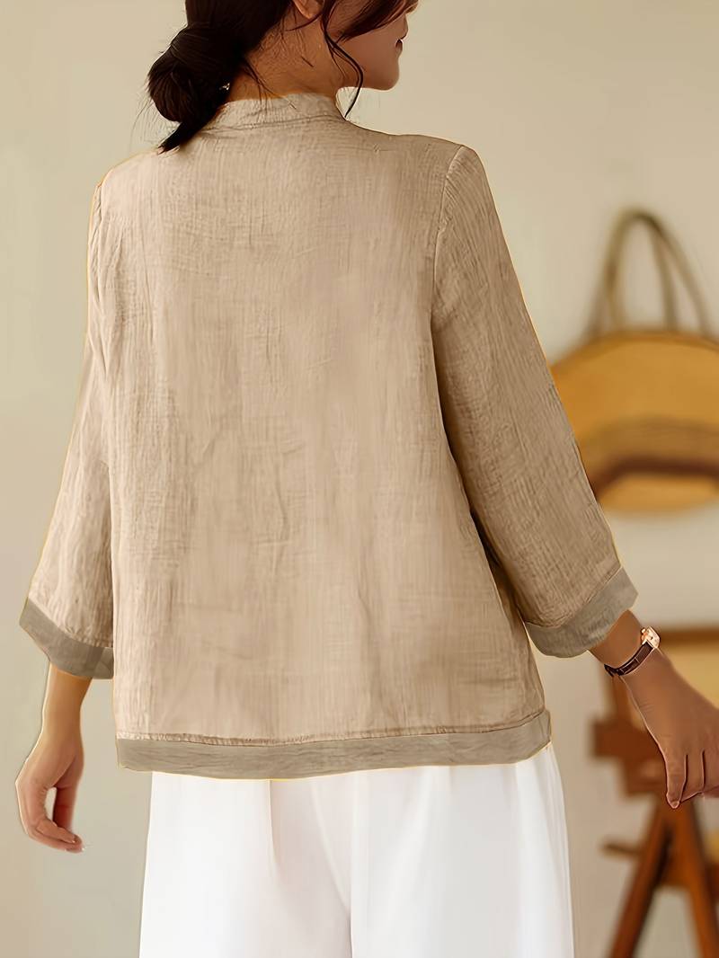Damen Leinenbluse mit Mao-Kragen und Knopfdetails