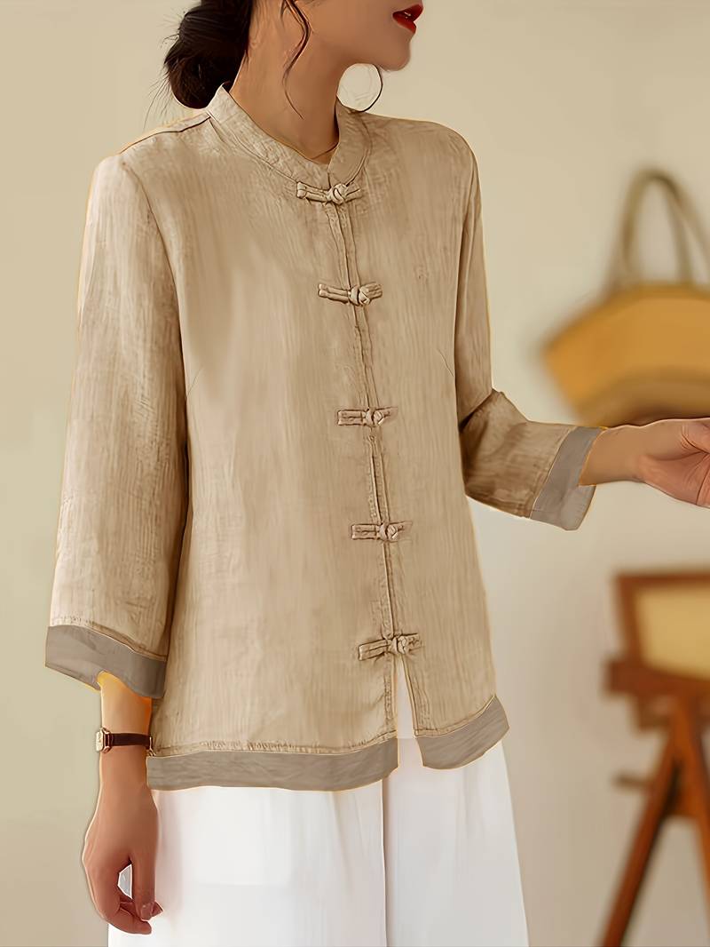 Damen Leinenbluse mit Mao-Kragen und Knopfdetails