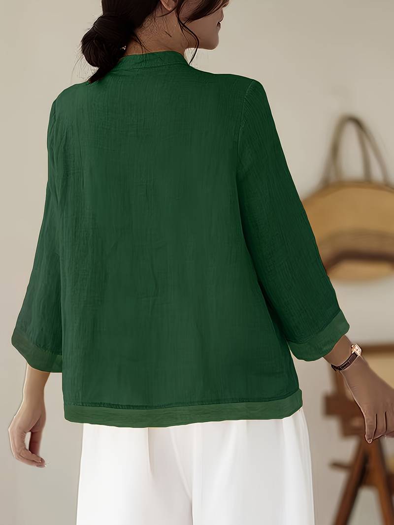 Damen Leinenbluse mit Mao-Kragen und Knopfdetails