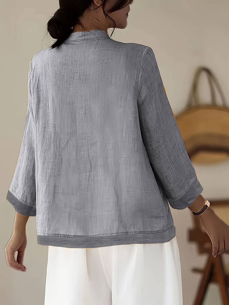 Damen Leinenbluse mit Mao-Kragen und Knopfdetails