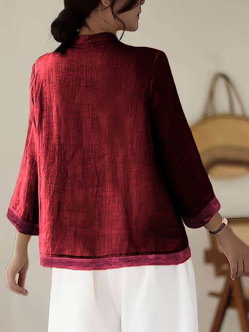 Damen Leinenbluse mit Mao-Kragen und Knopfdetails