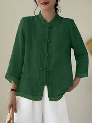Damen Leinenbluse mit Mao-Kragen und Knopfdetails