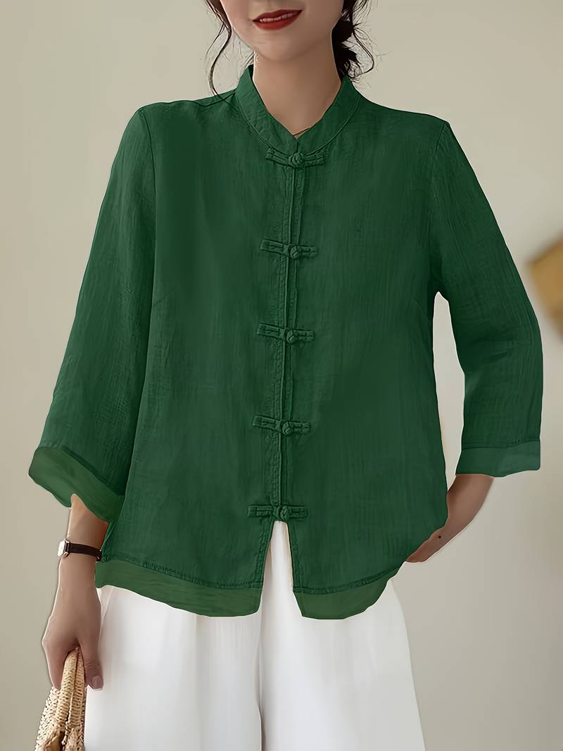 Damen Leinenbluse mit Mao-Kragen und Knopfdetails