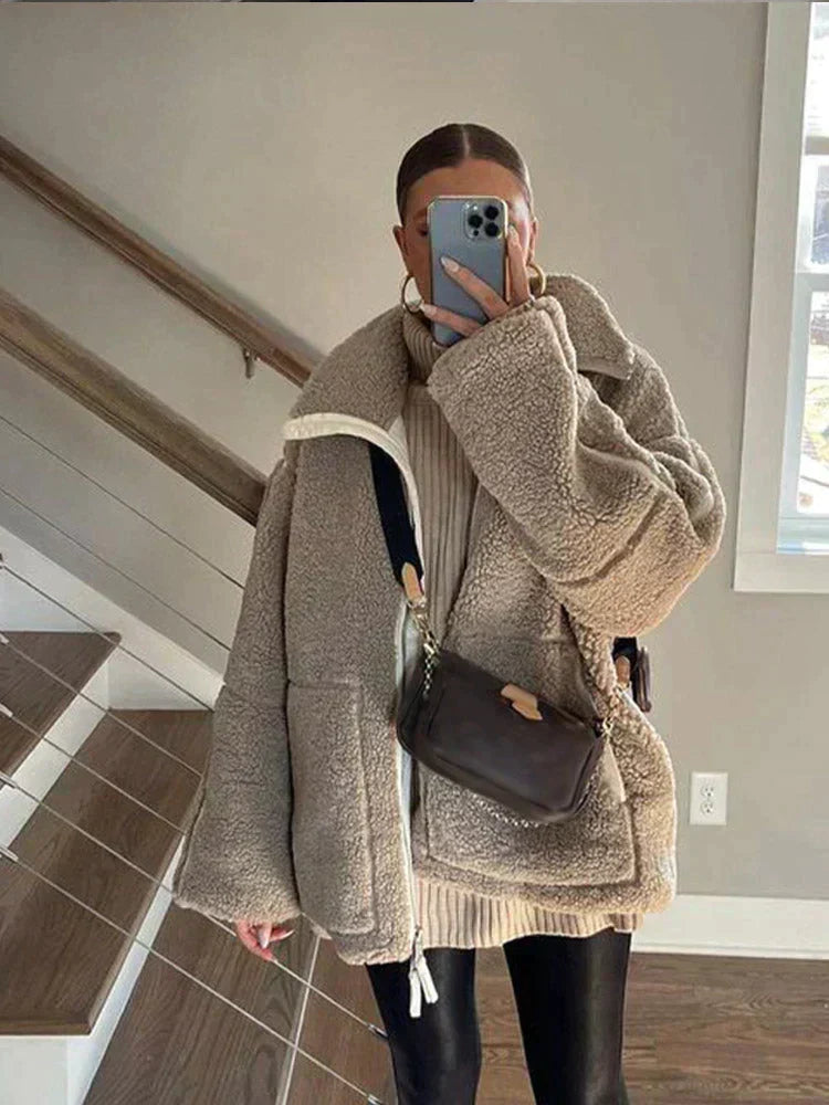 Frühlings Damen Oversize Teddy-Fleece-Jacke – Warme Polarschicht im lässigen Stil