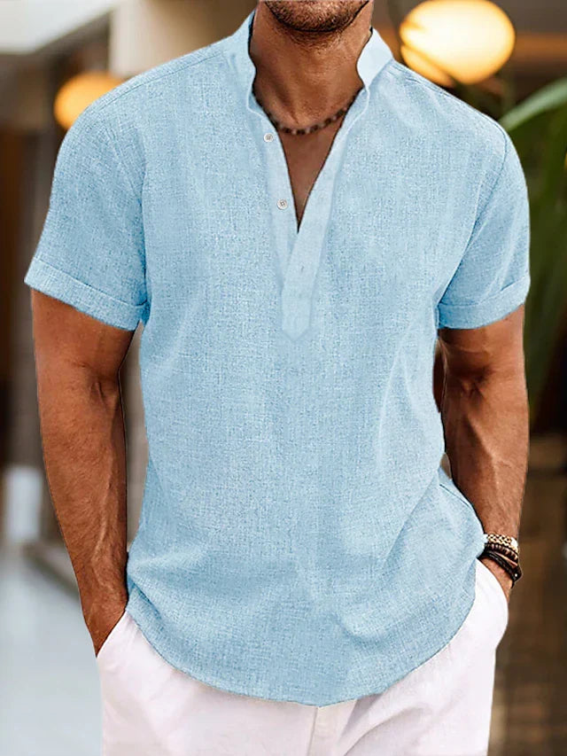 Herren Kurzarm-Leinenhemd mit Henley-Kragen – ideal für den Sommer