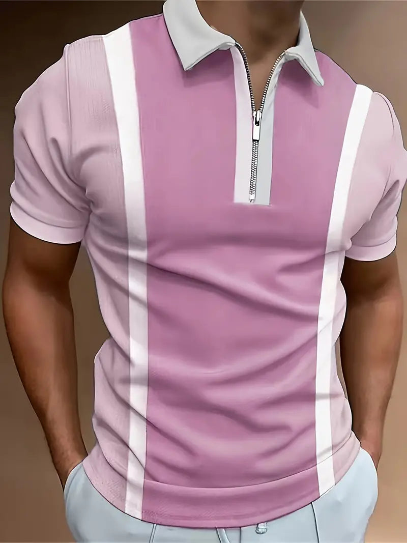 Men's Fitted Polo Shirt with Zipper Closure and Contrast Accents - Short Sleeves