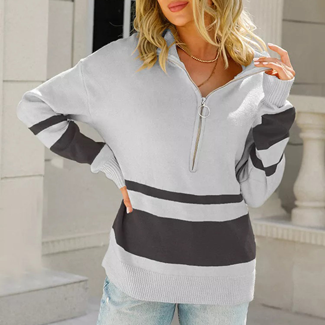 Damen Strickpullover mit Zipper – Sportlich-eleganter Pullover mit Streifen