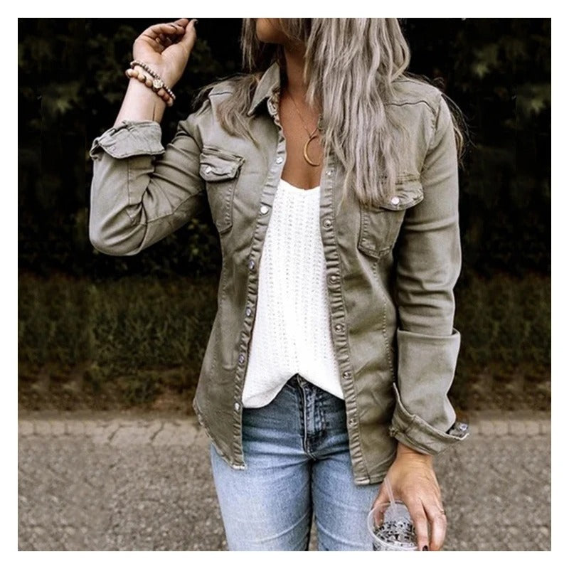 Leichte Baumwoll-Damenjeansjacke im klassischen Stil für den Frühling – lässig und elegant