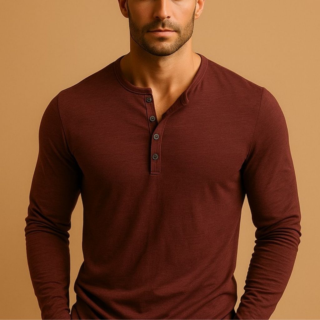 Męska Slim Fit Koszula Henley z Długim Rękawem