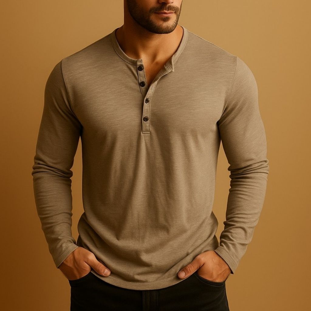 Męska Slim Fit Koszula Henley z Długim Rękawem