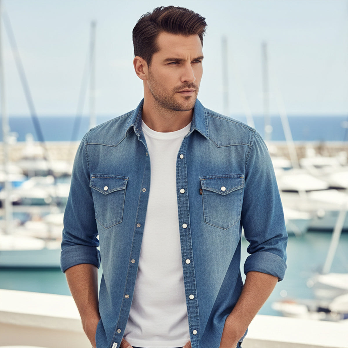 Men's Button-Up Long Sleeve Denim Shirt