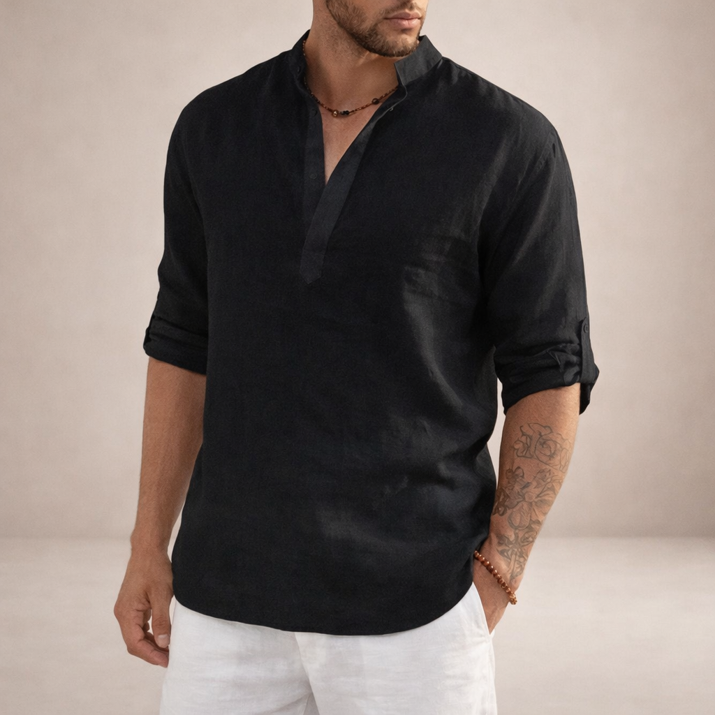 Herren Langarm Leinenhemd mit Regular Fit und Stehkragen