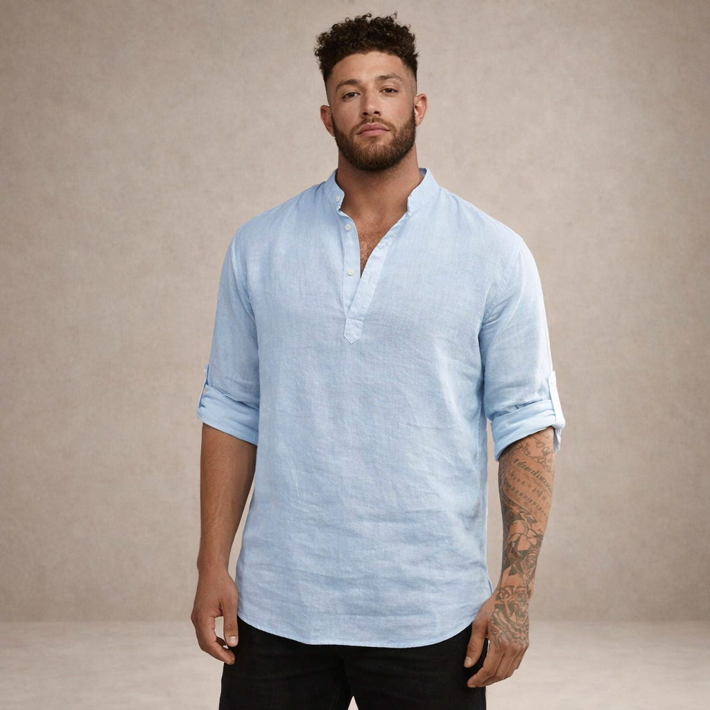 Men's Regular Fit Long Sleeve Linen Shirt with Stand-Up Collar