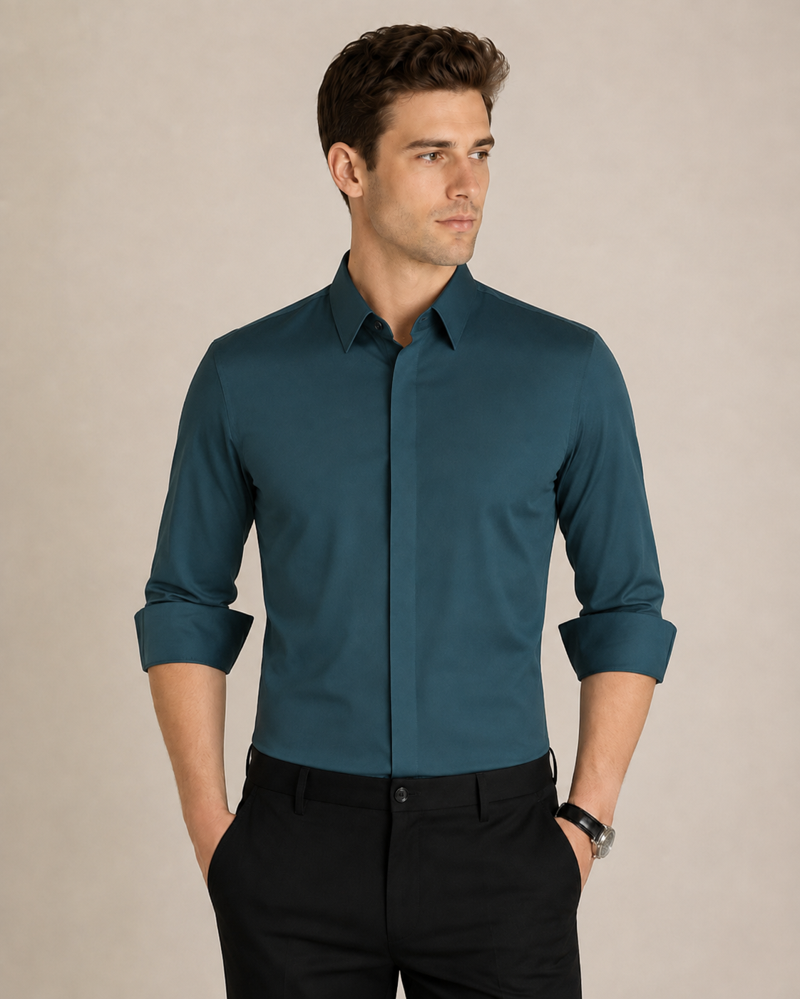 Men's Long Sleeve Summer Shirt with Johnny Collar