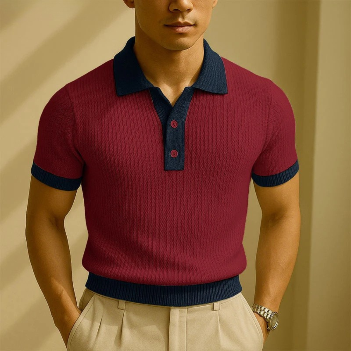 Męska Prążkowana Koszulka Polo Colorblock z Krótkim Rękawem