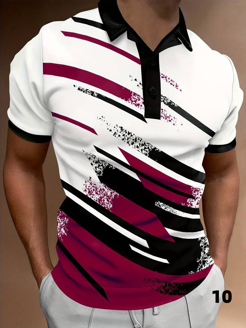 Men's Modern Abstract Print Polo Shirt - Short Sleeves, Button Closure, Relaxed Fit