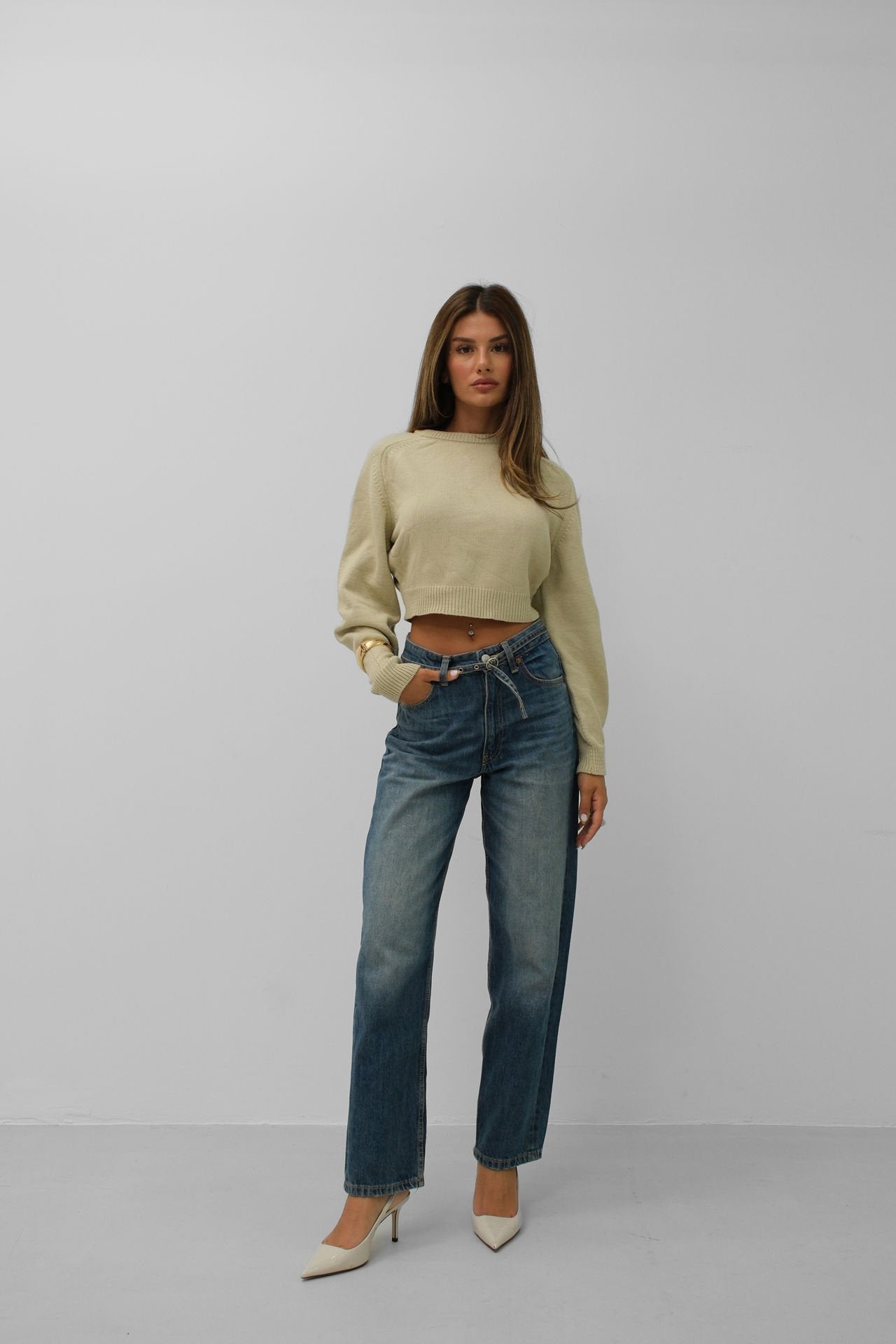 Johanna | Beiger Damen-Crop-Pullover mit Raglanärmeln